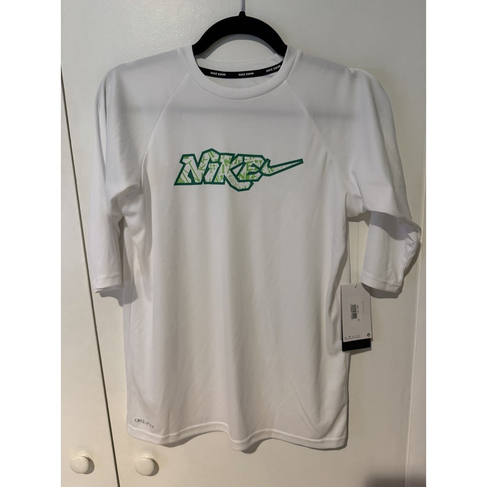 Nike Swim Boys' XL Youth Short Sleeve Hydroguard White With Green Logo NWT